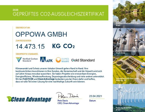 CO2-Ausgleichszertifikat für OPPOWA GmbH - 14.473,15kg CO2 gespart